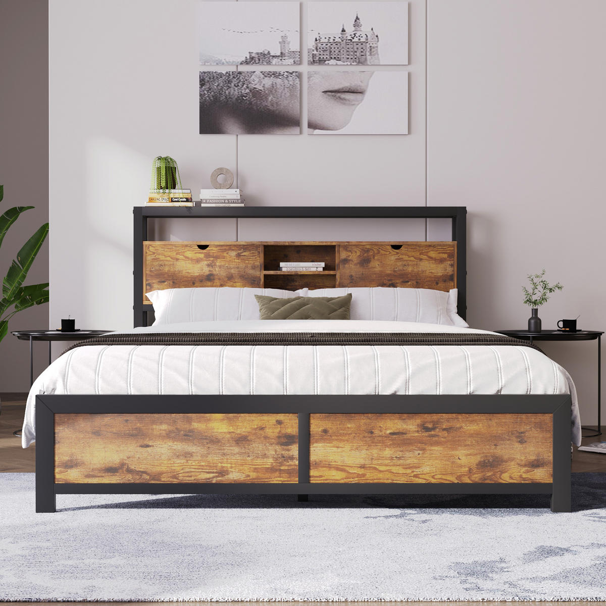 BETT 140/200 cm mit Stauraum und Holzmaserung - Naturfarben, Metall (140/200cm) - OKWISH