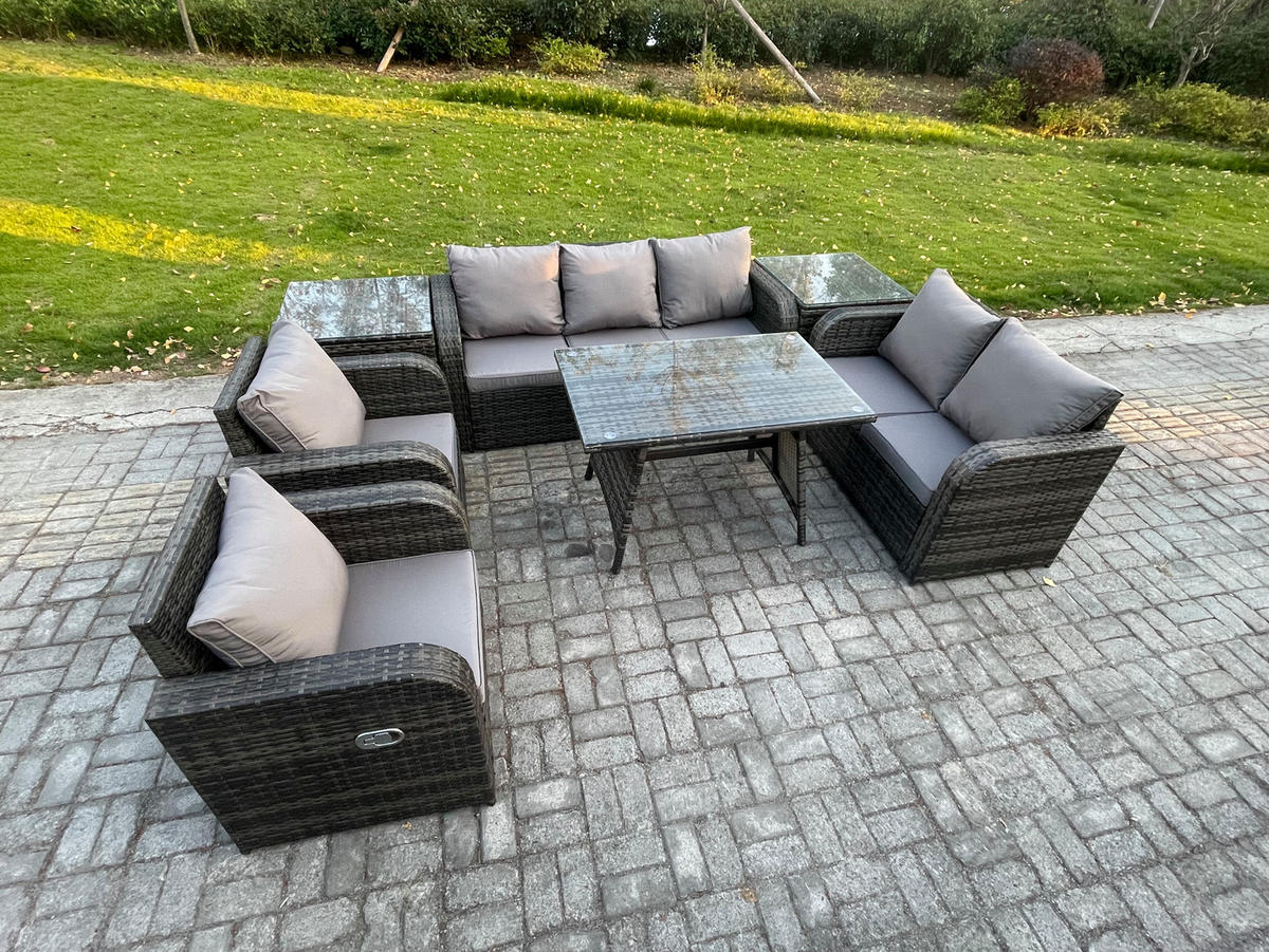 GARTENMÖBEL SET Polyrattan Dunkelgrau 7-Sitzer - Dunkelgrau/Grau, Glas/Kunststoff - Fimous