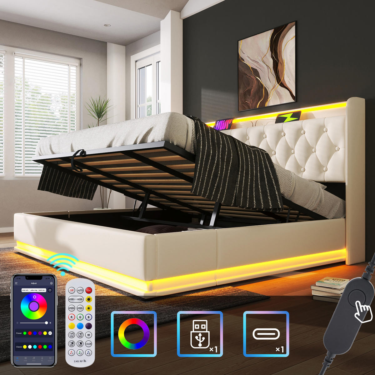 POLSTERBETT 180/200 cm in Weiß mit Bettkasten, LED, USB und Type-C Kunstleder - Weiß, Holzwerkstoff/Textil (180/200cm) - STILVORA