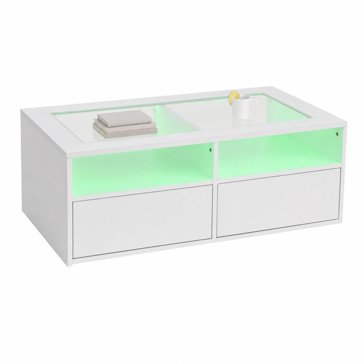 COUCHTISCH in Weiß Wohnzimmertisch mit LED-Beleuchtung, Glasplatte, 2 Schubladen & offenem Stauraum, B100/T50/H35cm - Weiß, Glas/Holzwerkstoff (50/100/35cm) - STILVORA