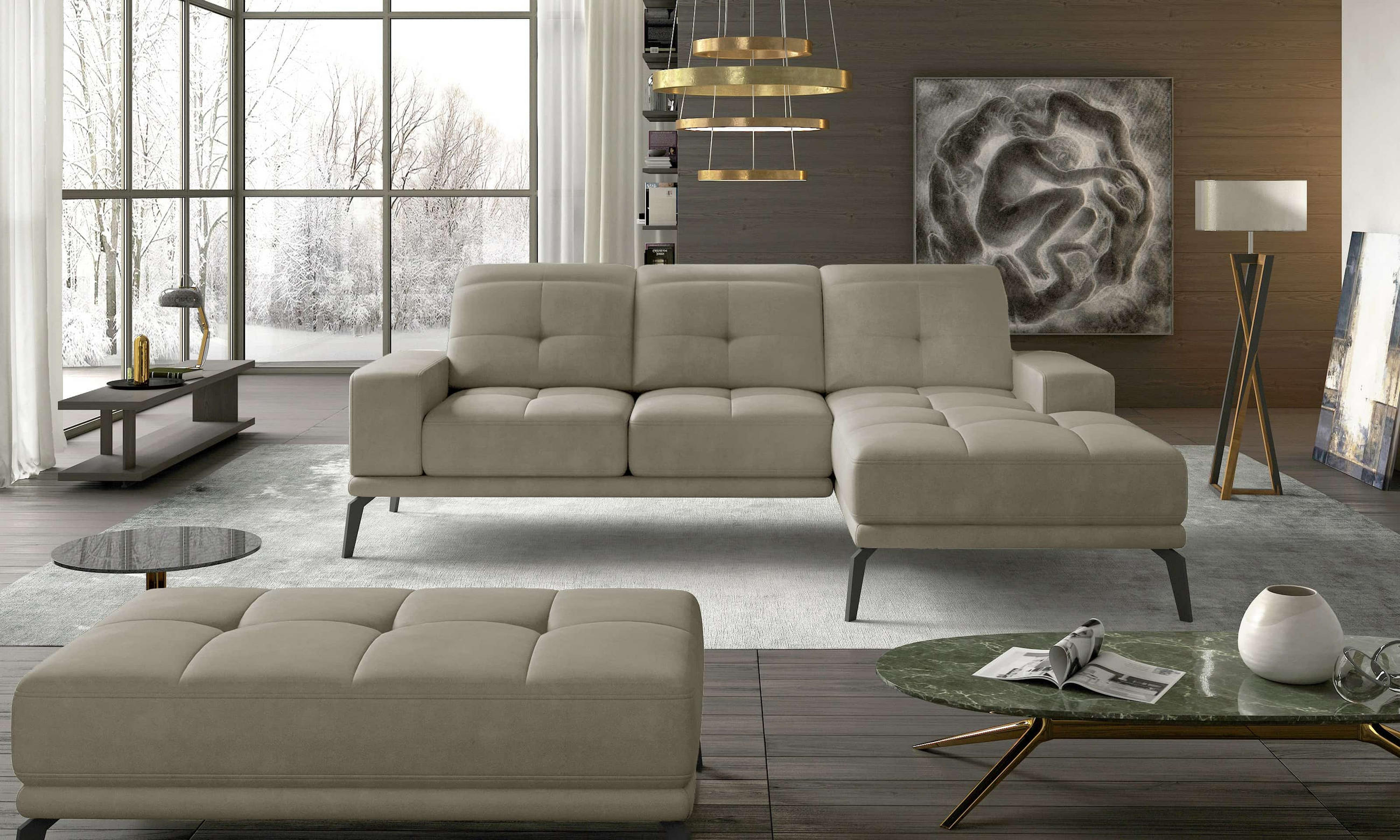 ECKSOFA mit verstellbaren Rückenlehnen und verstellbaren Kopfstützen - Beige/Schwarz, Textil/Metall (198/265cm) - Eltap