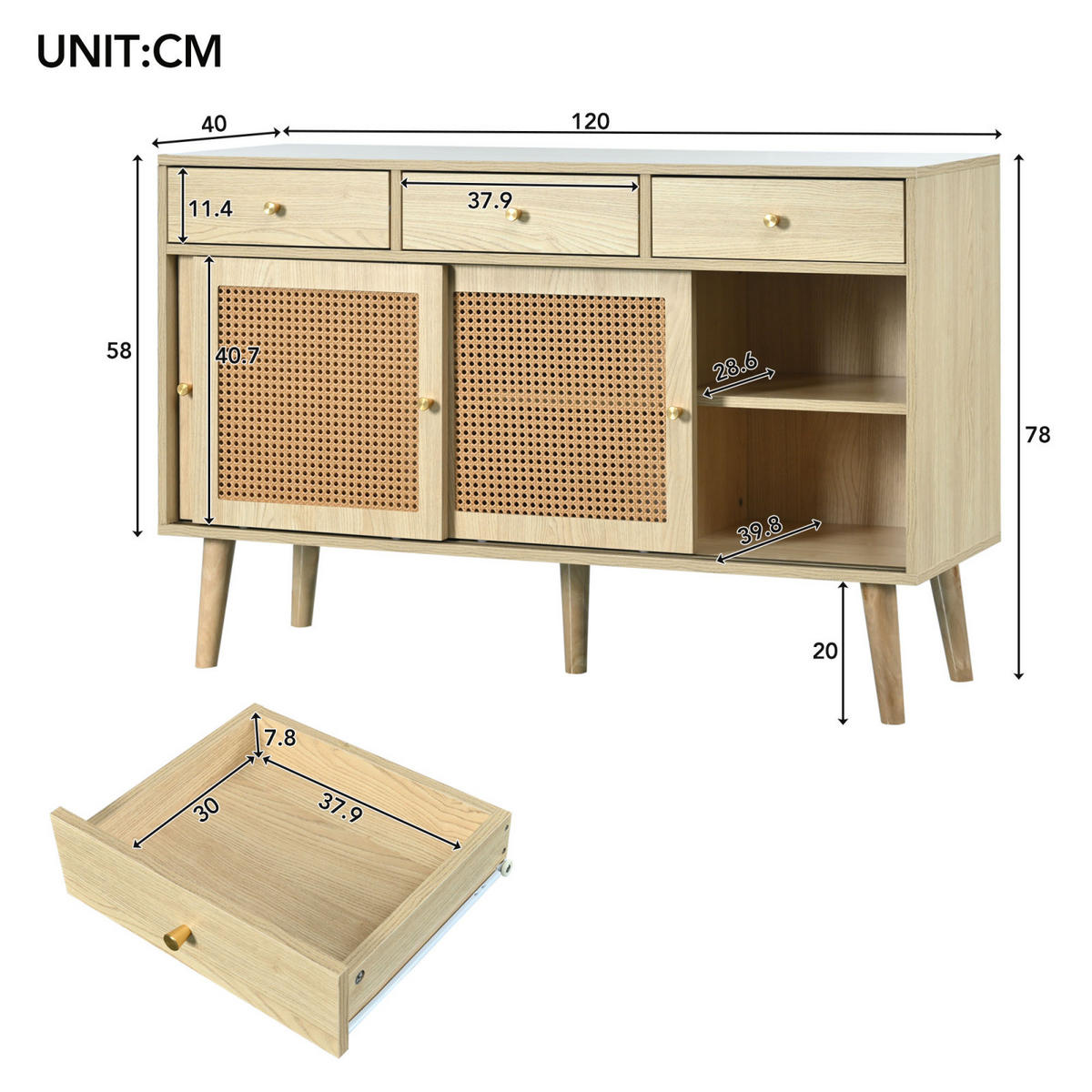 SIDEBOARD 120x40x78 cm, 3 Schubladen, Schiebetüren, Eiche - Kastanienfarben, Holz (120/78/40cm)