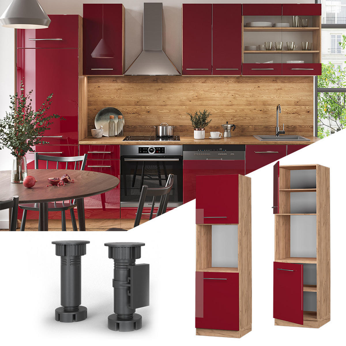 HERDUMBAUSCHRANK Fame-Line Bordeaux Hochglanz 60 cm offen - Honigeiche/Bordeaux, Holzwerkstoff (60/206.8/58cm) - Vicco
