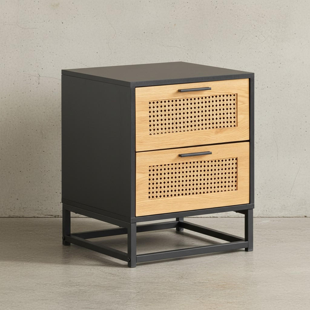 NACHTTISCH – Schwarz/Wiener Geflecht, 45x45x56 cm, Schubladen, zeitlos - Schwarz, Holzwerkstoff/Metall (45/55/45cm) - KADIMA DESIGN