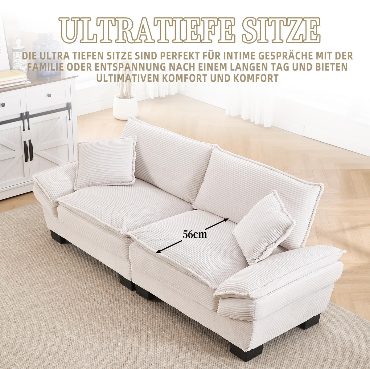 2-SITZER Sofa Samt mit ultratiefem Sitz und Kissen 224/81/81 cm Beige - Beige, Textil (81/224/81cm) - Redom
