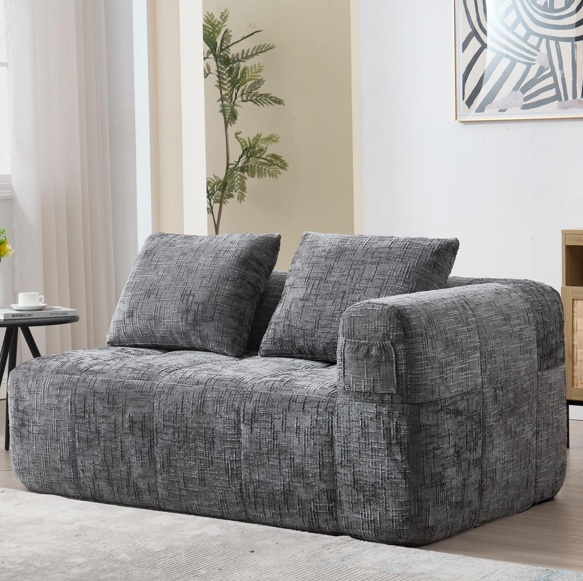 POHOVKA z chenillu, 158/90/60 cm sivá, s bočnými vreckami a vankúšom - sivá, textil (60/160/90cm) - BEAOK