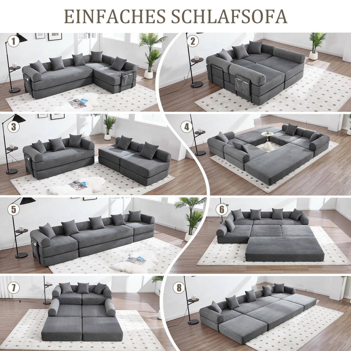 ECKSCHLAFSOFA Modulsofa,Fünfsitzer mit Schlaffunktion,kombinierbar,Cord,Grau - Grau, Textil (270/180cm) - LVHOM