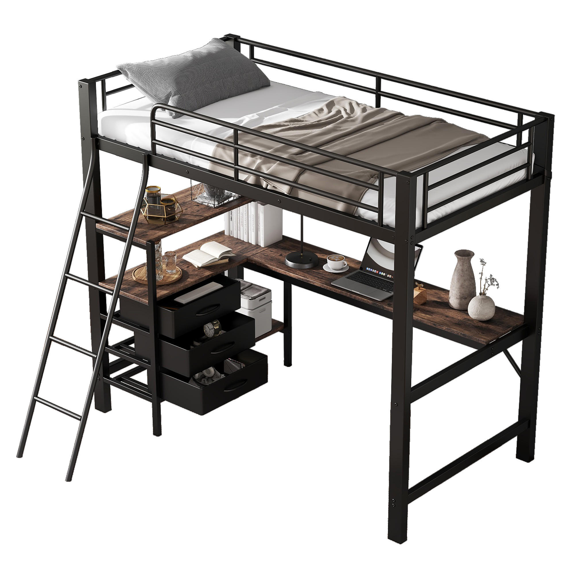 ETAGENBETT 90/200 cm in Schwarz & Dunkler Walnuss mit 3 Schubladen, Tisch und Regal - Schwarz, Holzwerkstoff/Metall (90/200cm) - CHICFURN