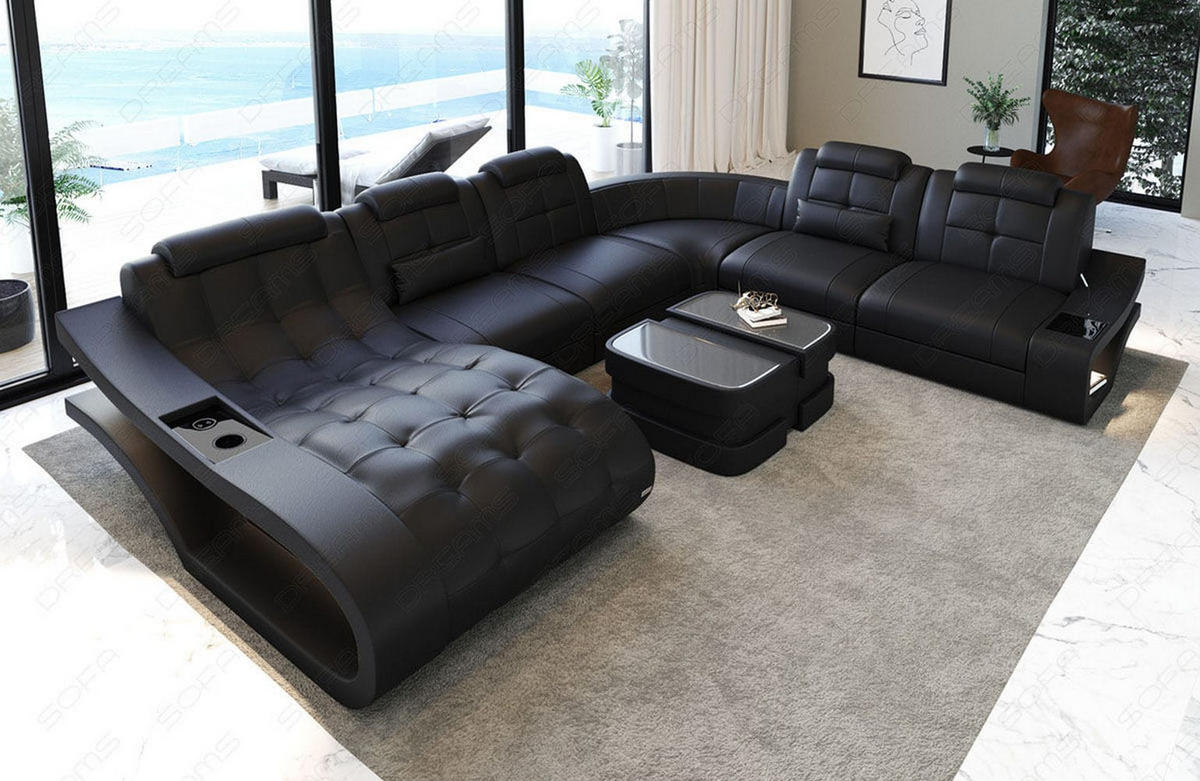WOHNLANDSCHAFT Elegante Schwarz Büffelleder - Schwarz, Leder (379/91/283cm)