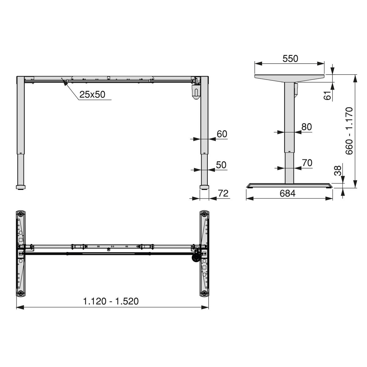 TISCHGESTELLT Motorisch höhenverstellbares Lift Table, Stahl, Weiß lackiert - Weiß, Metall (82/72/16cm) - EMUCA