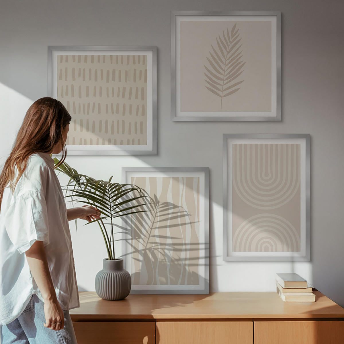 BILDER SET 4er Set - 50x50 cm & 40x60 cm Silberner Rahmen - Beige Pflanzenmuster - Silberfarben, Kunststoff (50/50cm) - TULUP