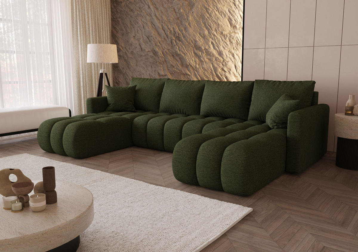WOHNLANDSCHAFT GARDA U-Form grün Strickstoff Aragon 39 - Schlaffunktion, Bettkasten - Grün, Textil (305/88/150cm) - Cornero