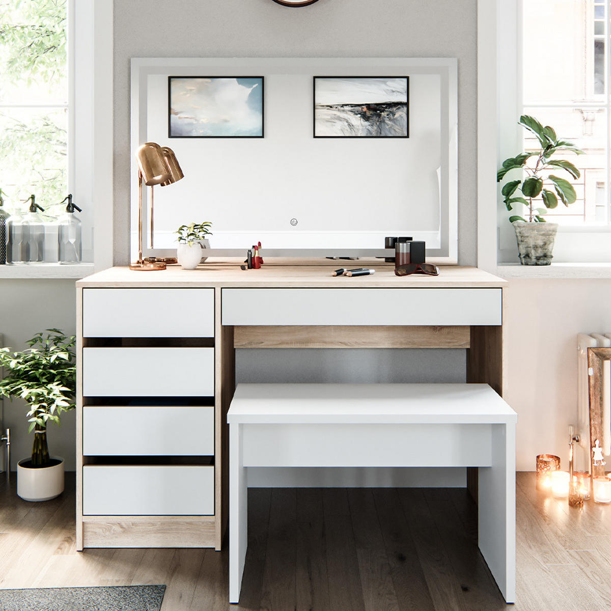 SCHMINKTISCH Sherry Weiß/Sonoma 120 cm mit LED Spiegel und Hocker - Weiß/Sonoma Eiche, Holzwerkstoff (55/75/120cm) - Vicco