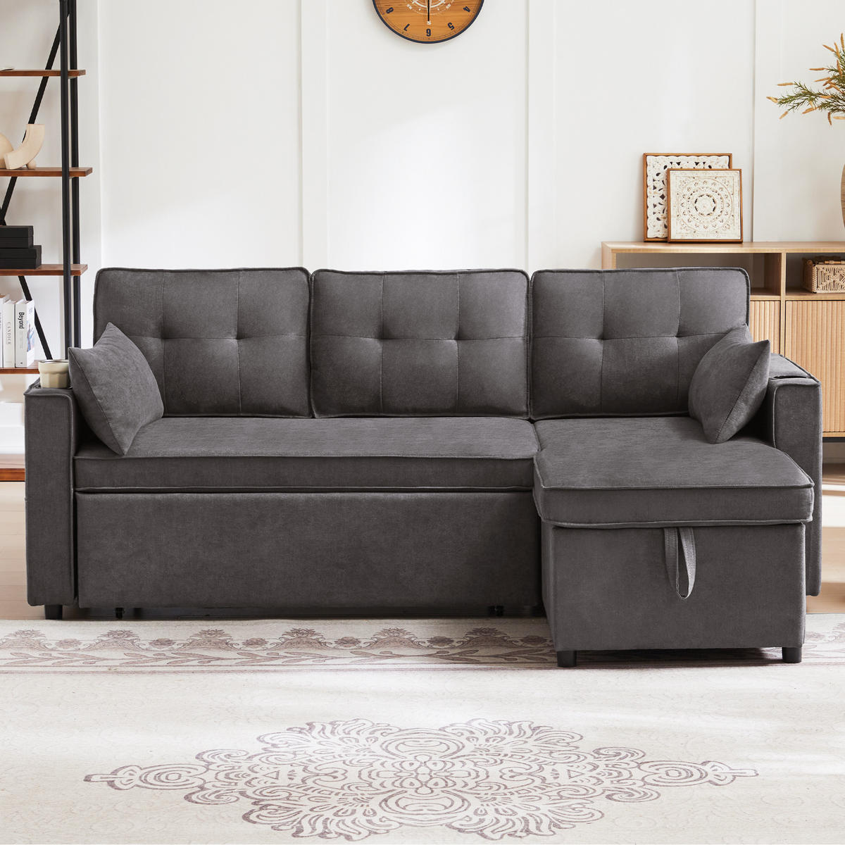 SCHLAFSOFA L-Form mit Stauraum und Getränkehalter - Grau, Textil (211/86/129.5cm)