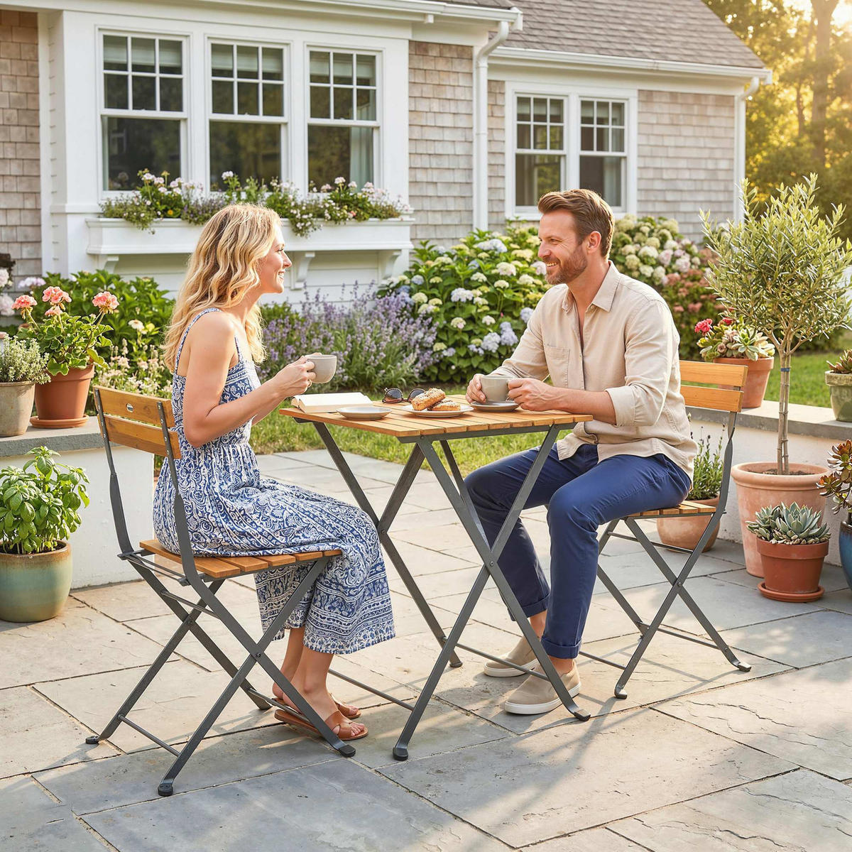 BISTROTISCH-MIT-2-STÜHLEN 3er Set Akazienholz Stahl Teak - Schwarz/Teakfarben, Metall - Outsunny