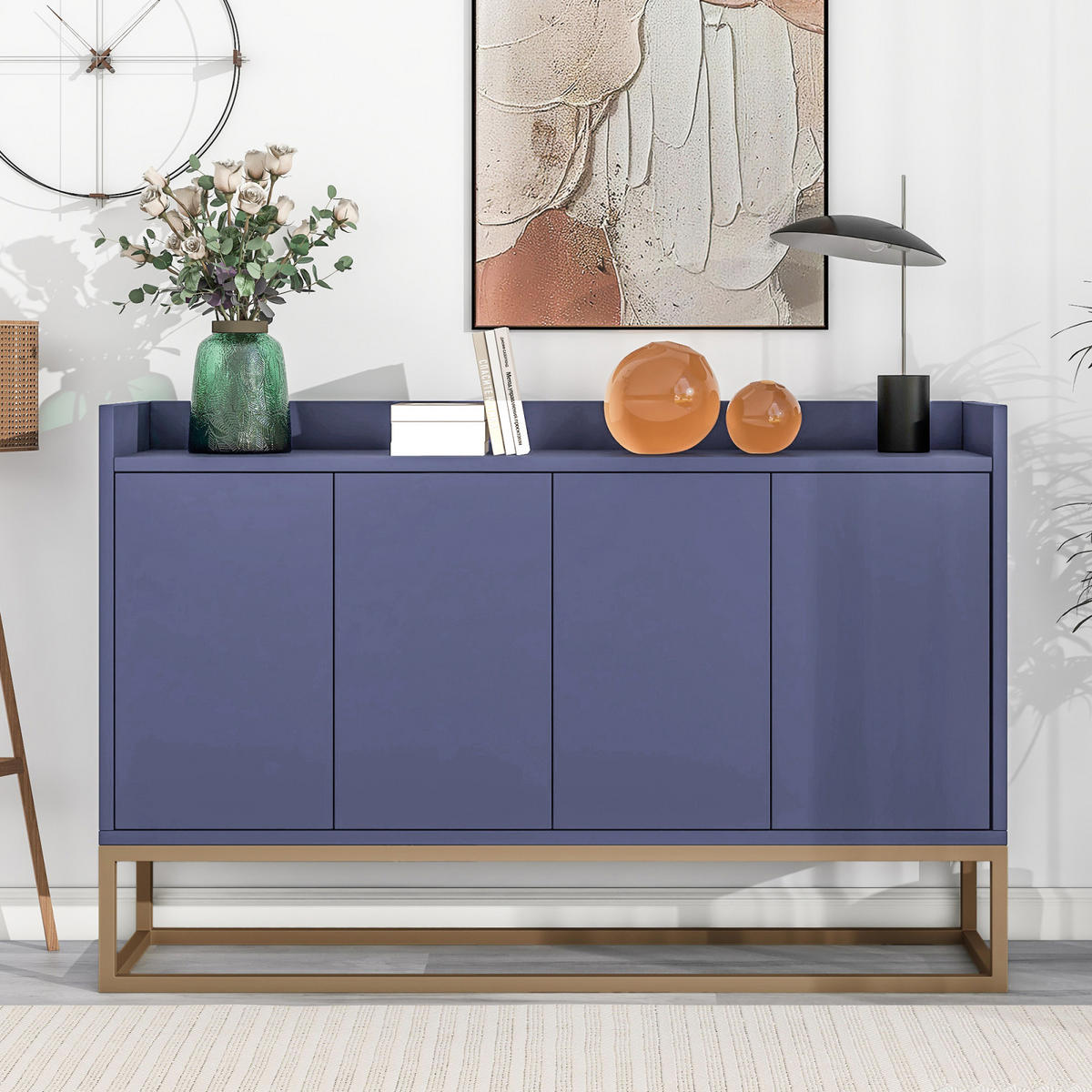 SIDEBOARDS 120cm, mit 4 Türen, verstellbaren Regalen, goldfarbenem Metallrahmen, Blau - Blau, Holzwerkstoff (120/30/80cm) - Waldena