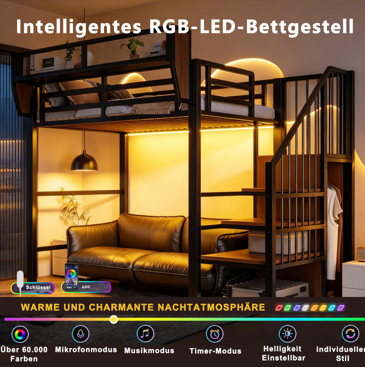 HOCHBETT 90/200 cm Schwarz mit LED und Sicherheitsleiter - Schwarz, Metall (90/200cm) - MIVRAY