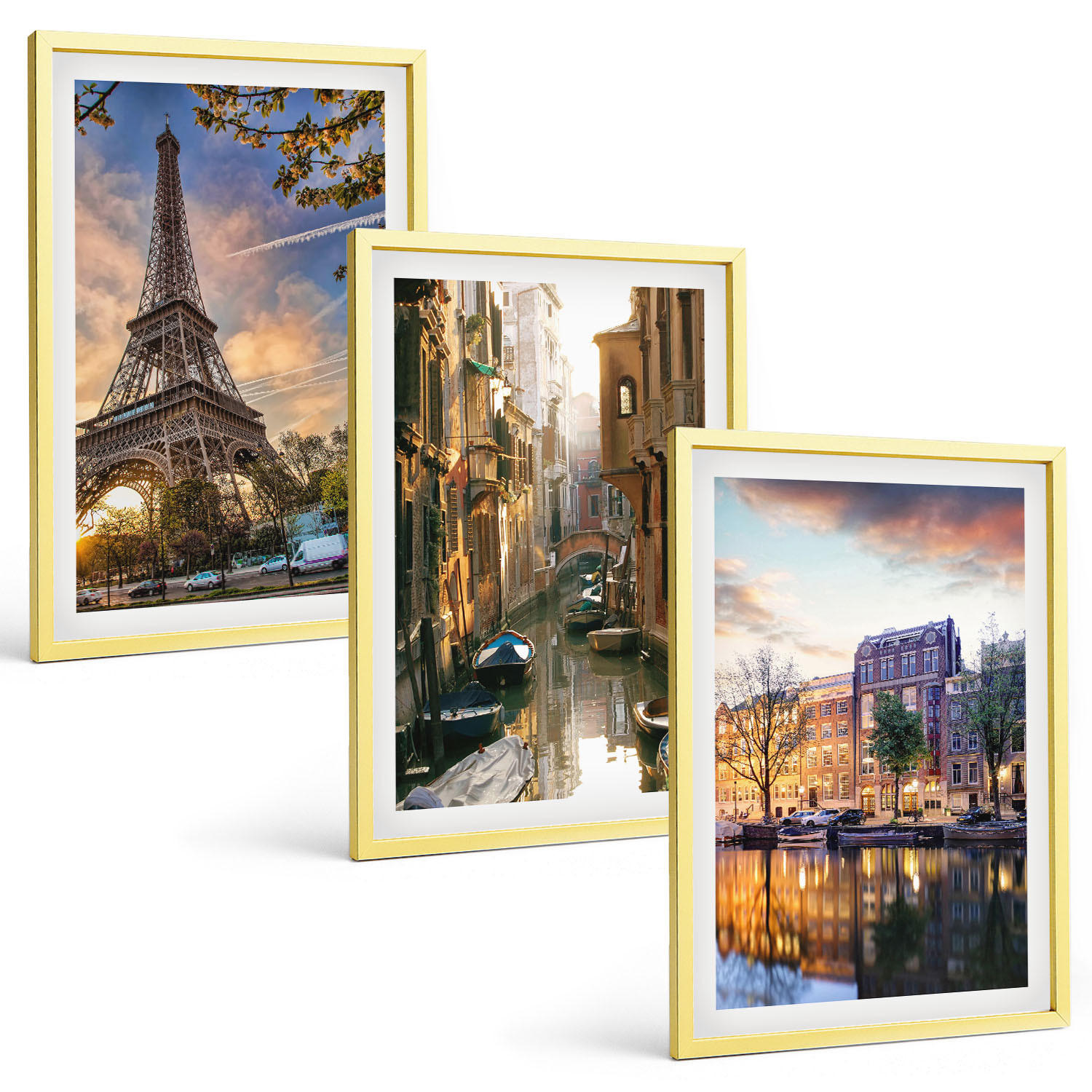 BILDER SET 3er Set - 40x60 cm Goldrahmen - Eiffelturm Venedig Amsterdamer Kanäle - Goldfarben, Kunststoff (40/60cm) - TULUP