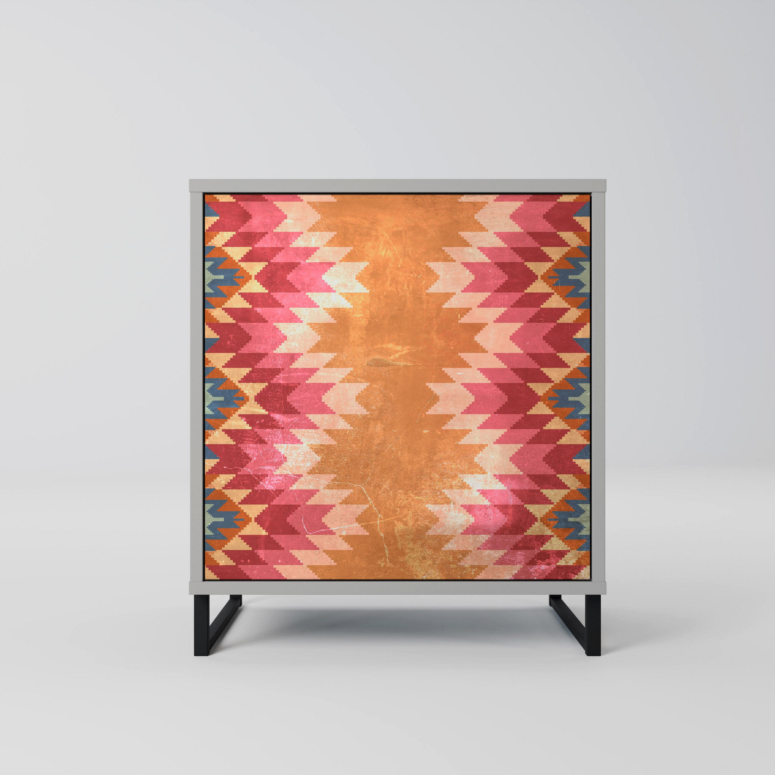 SIDEBOARD INDIAN FOLK, Grau, 57,5x42x67,5 cm, Schwarze Metall-Rahmenfüße - Multicolor/Schwarz, Holzwerkstoff/Metall (57.5/67.5/42cm) - SpaceRebels