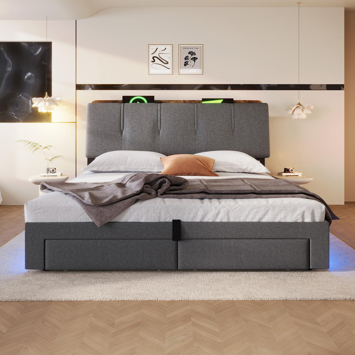 POLSTERBETT mit LED und USB Grau 140x200 cm Textil - Grau, Textil (140/200cm) - SONNENH