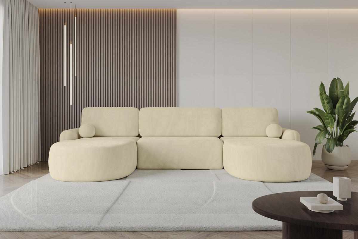WOHNLANDSCHAFT mit Schlaffunktion und Bettkasten LIRA-U - 335x172x89 Beige - Ecru, Holzwerkstoff/Textil (335/89/172cm) - ALTDECOR