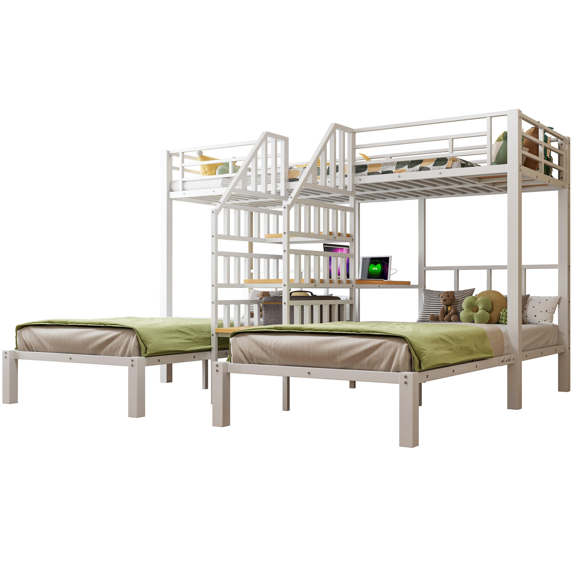 STILVORA ETAGENBETT 90/200 cm in Weiß mit LED, USB, Steckdose, Schreibtisch und Regal