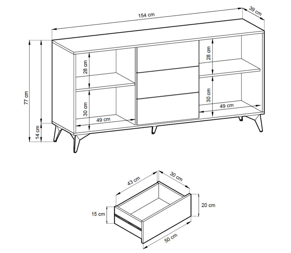 KOMMODE Diamond Eiche Evoke/Schwarz 154/39/77cm mit Schubladen - Eichefarben/Schwarz, Holzwerkstoff/Metall (154/77/39cm) - SIMKAM Furniture