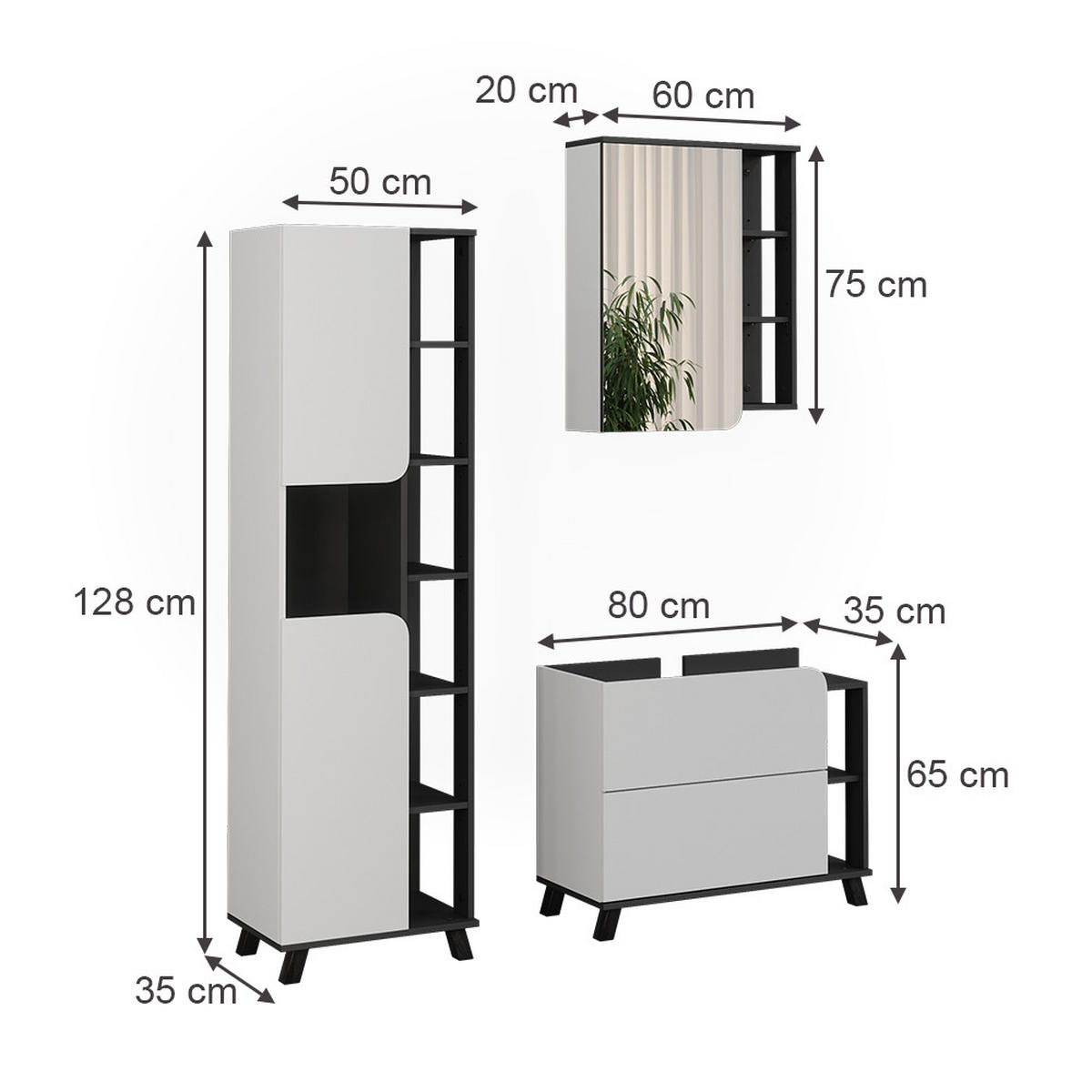 SÚPRAVA KÚPEĽŇOVÉHO NÁBYTKU Karen, biely/antracitová, 3 časti - biela/antracitová, kompozitné drevo (80/65/35cm) - Vicco