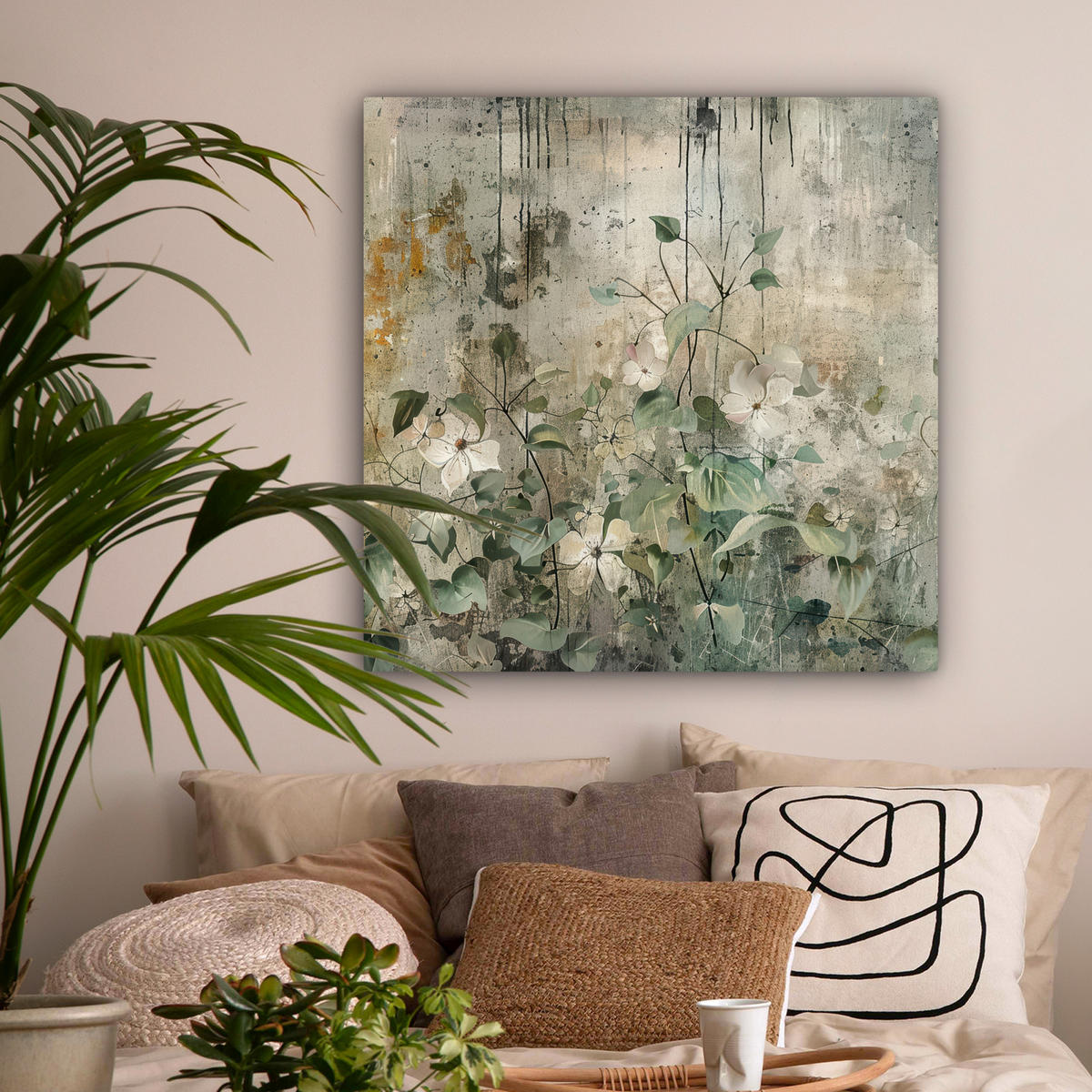 LEINWANDBILD - Blumen - Blätter - Abstrakt - Modern - 90x90 - Gemälde - Grau, Textil (90/90cm) - MuchoWow
