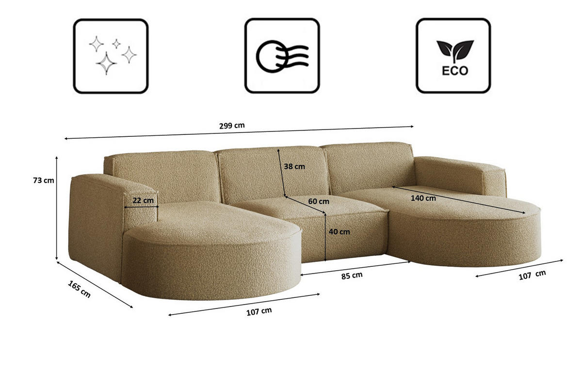 ECKSOFA, Modena U-Form, Stoff Quelle, Hellbraun - Hellbraun, Holz (299/165cm) - Kaiser Möbel