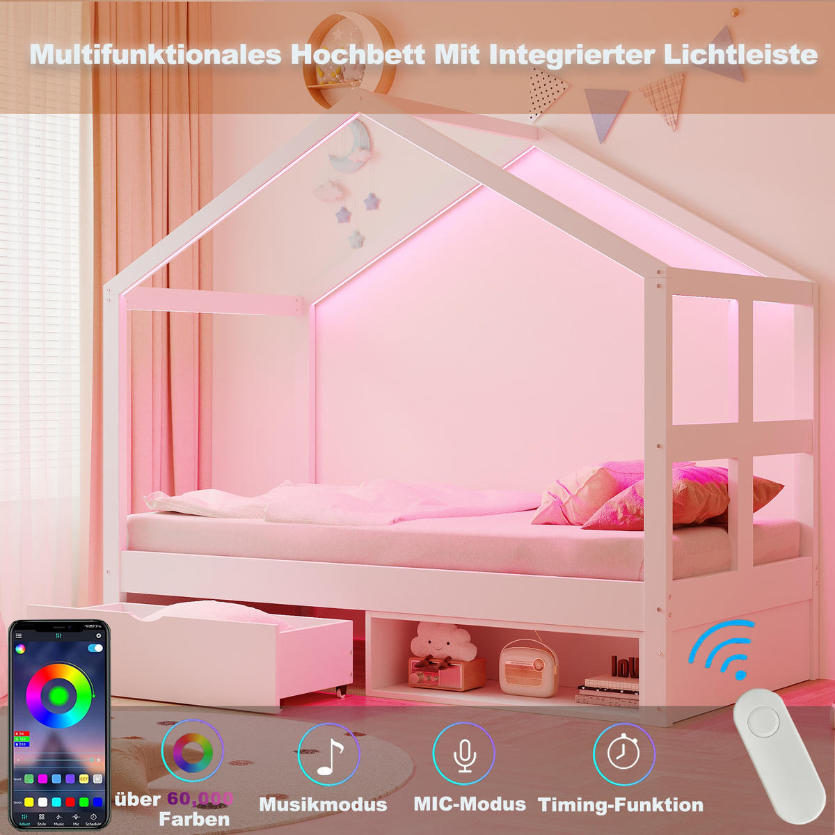 HAUSBETT 90/190 cm in Weiß & Natur mit Schublade, Schuhschrank und LED - Weiß, Holzwerkstoff (90/190cm) - STILVORA