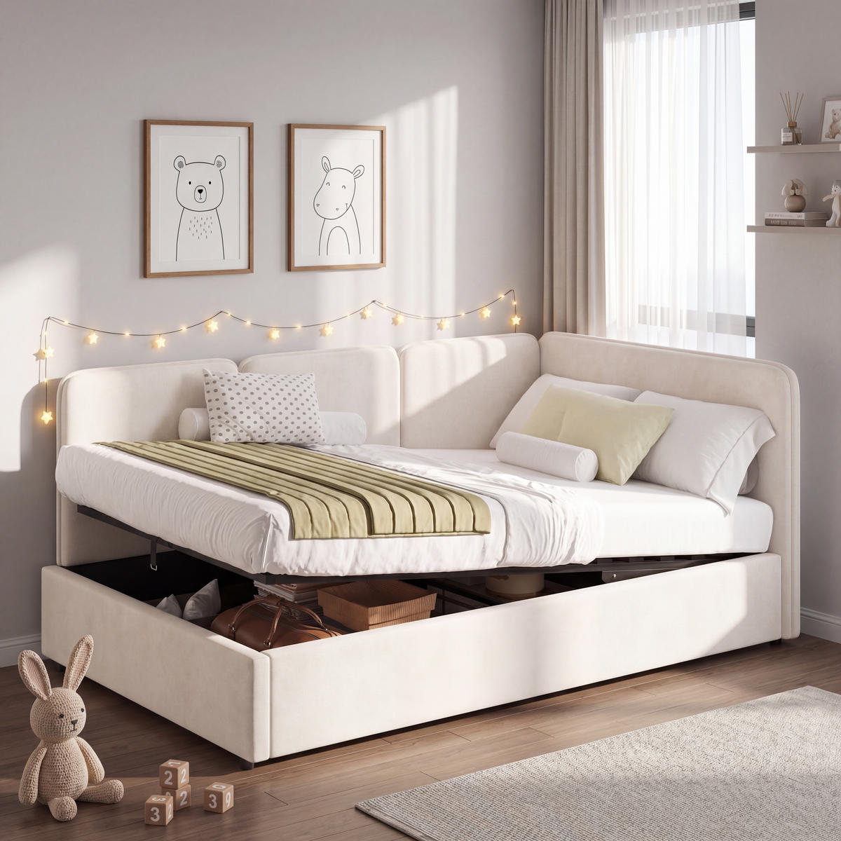 POLSTERBETT 90x200 Hydraulik Samt Beige - Beige, Textil (90/200cm) - FLIEKS