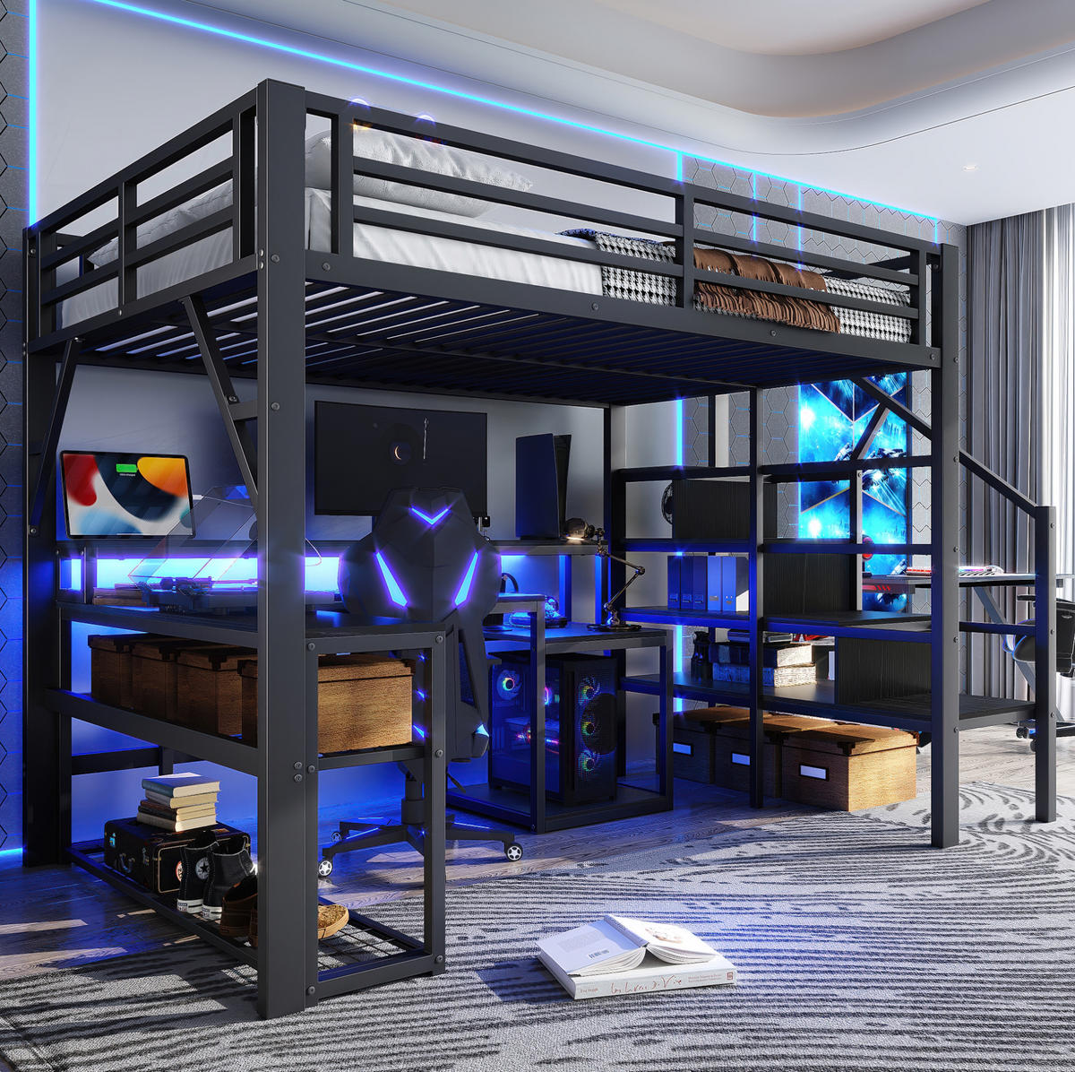 HOCHBETT 140/200 cm in Schwarz – mit Schreibtisch, LED und Stauraumtreppe - Schwarz, Metall (140/200cm) - BEAOK