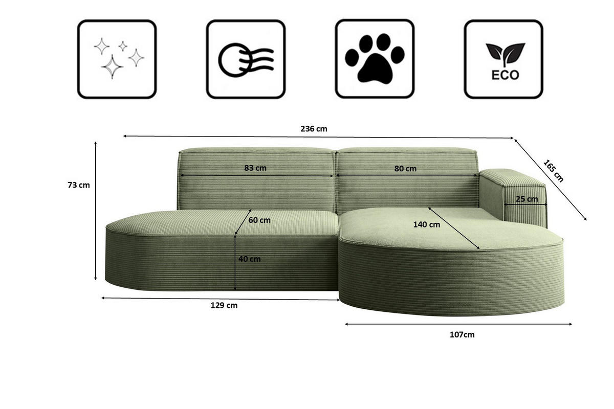 ECKSOFA Modena Studio, Cord Stoff Hellgrün Rechts - Hellgrün, Holzwerkstoff/Textil (236/165cm) - Kaiser Möbel