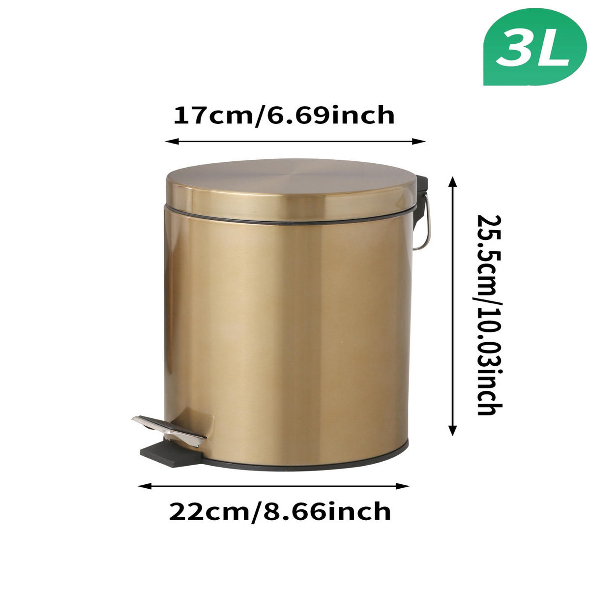 TRETEIMER 3L EDELSTAHL Kosmetikeimer 16/24/16 cm Edelstahl Champagnergold MIT FUSSPEDAL Badezimmer - Champagner, Metall (16/24/16cm) - Rolipo