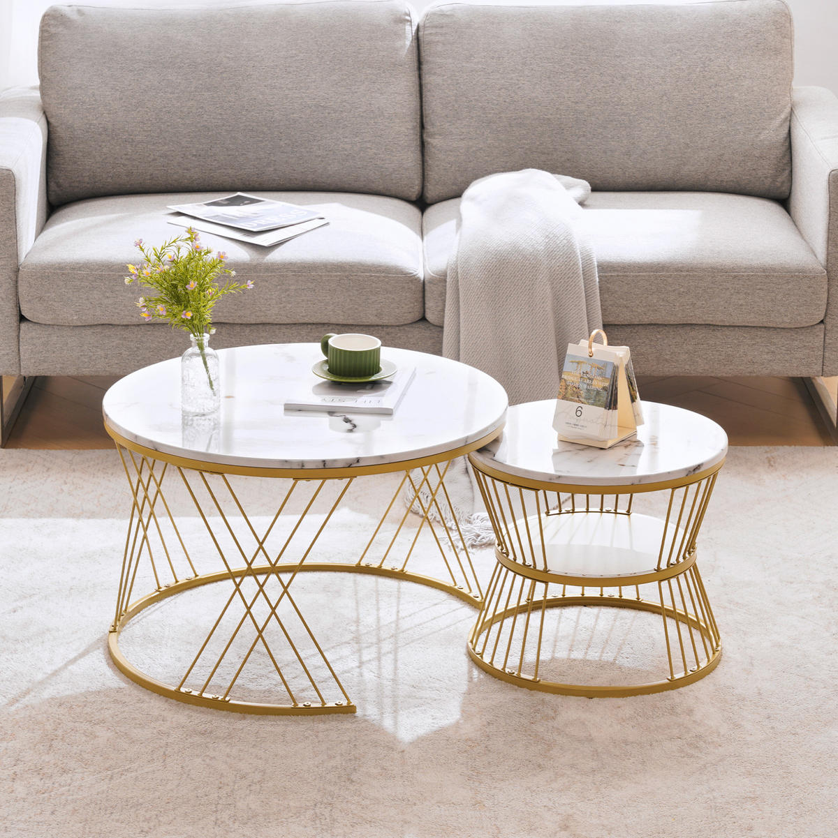 COUCHTISCH 70/45 cm Weiß aus MDF mit Marmormuster und Nesting-Design - Weiß, Holzwerkstoff (70/70/45cm) - OKMYHOME