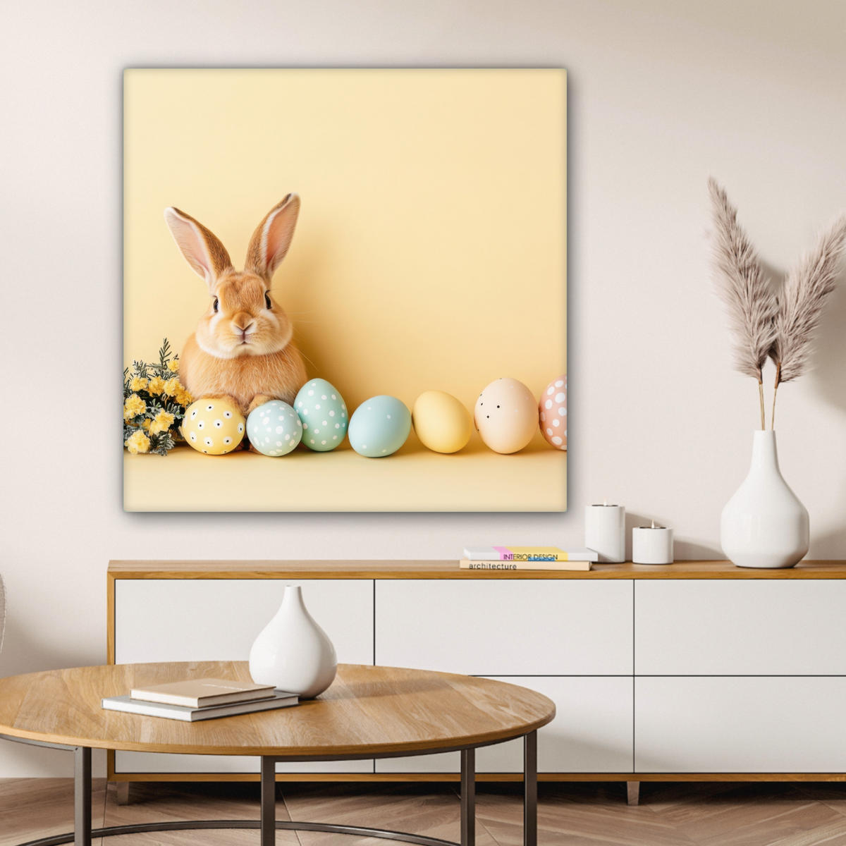 LEINWANDBILD Eier - Kaninchen - Pastellfarbtöne Deko Groß 90x90 cm - Hellgelb, Textil (90/90cm) - MuchoWow