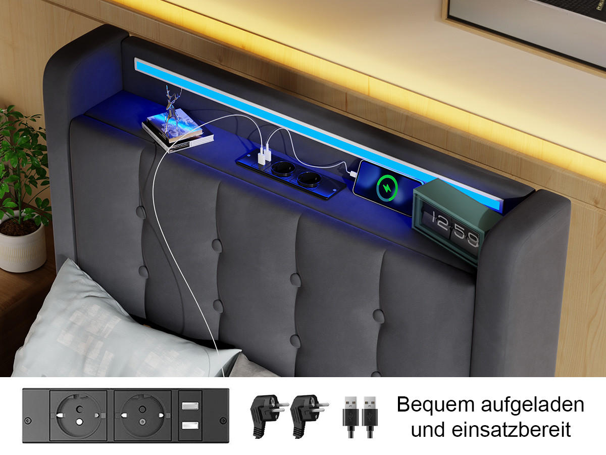 POLSTERBETT 90/200 cm Dunkelgrau mit 2 Schubladen, LED-Licht & USB-Anschluss, Samt gepolstert - Grau, Textil (90/200cm) - OKMYHOME