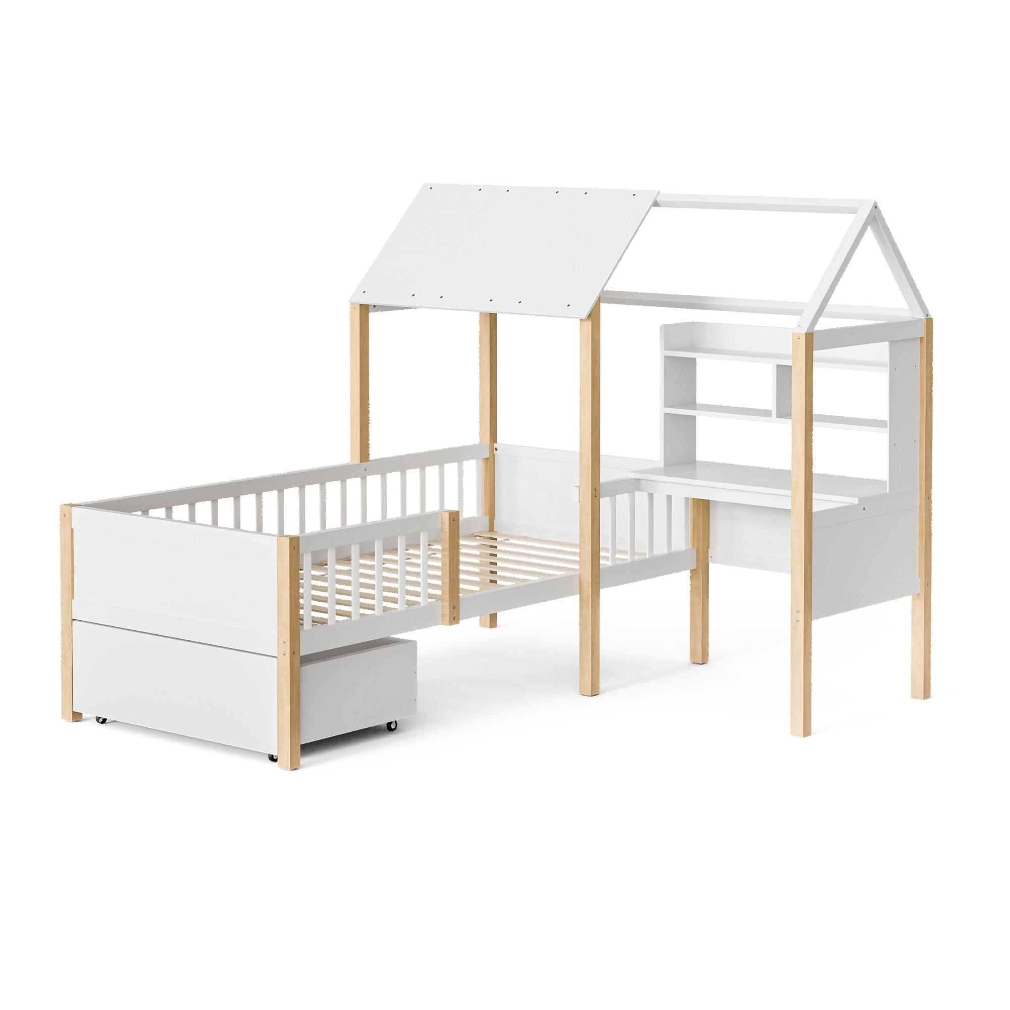 HAUSBETT 90x200cm,Kinderbett,Fachbett mit Schreibtisch,Schubladen,Weiß - Weiß, Holz - LVHOM