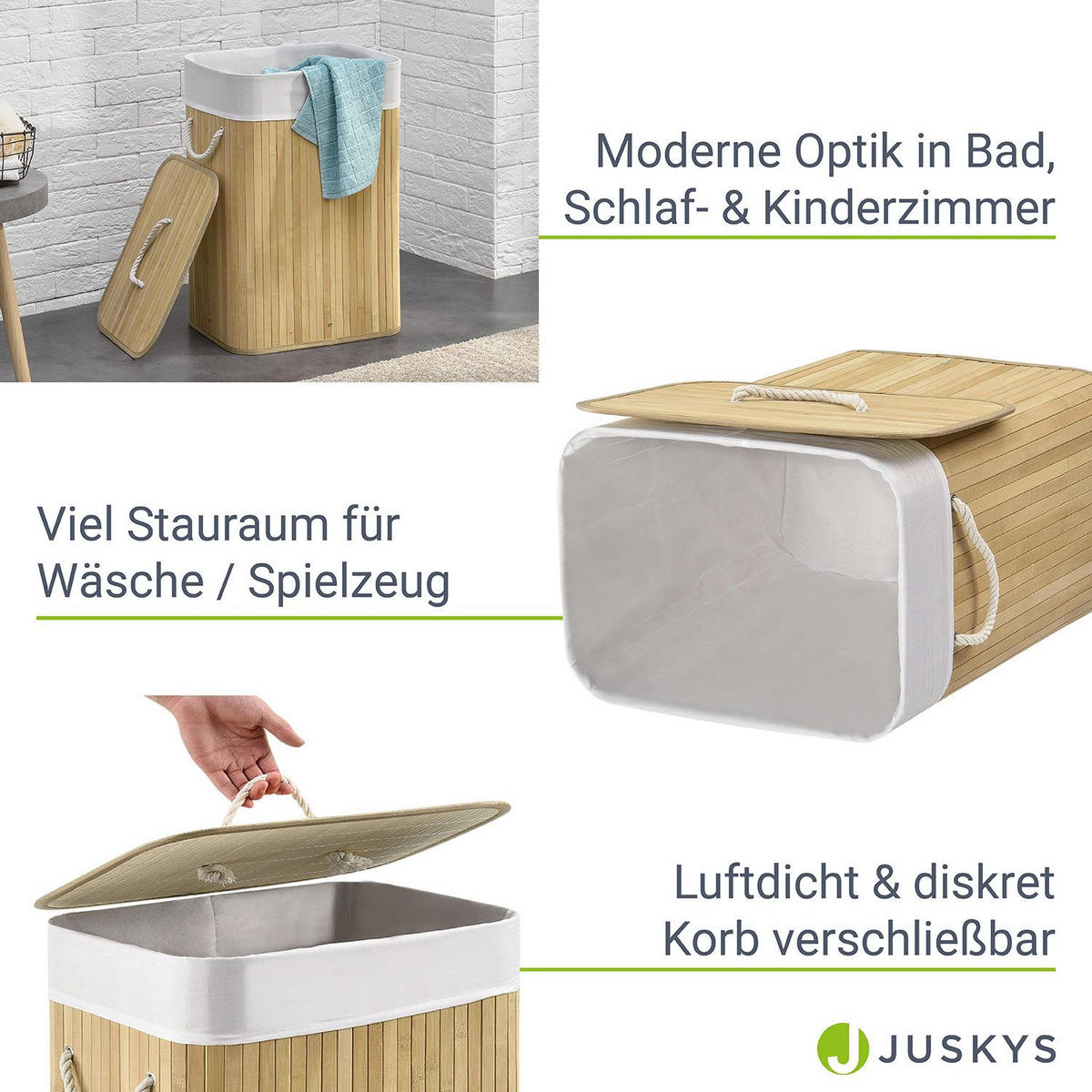 WÄSCHEKORB Curly 72 L natur - Naturfarben, Holz (40/60/30cm) - Juskys