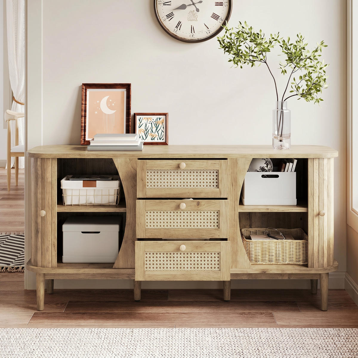 SIDEBOARD Rattan Schiebetüren verstellbare Böden modern - Naturfarben, Holzwerkstoff (40/76/140.5cm) - FLIEKS