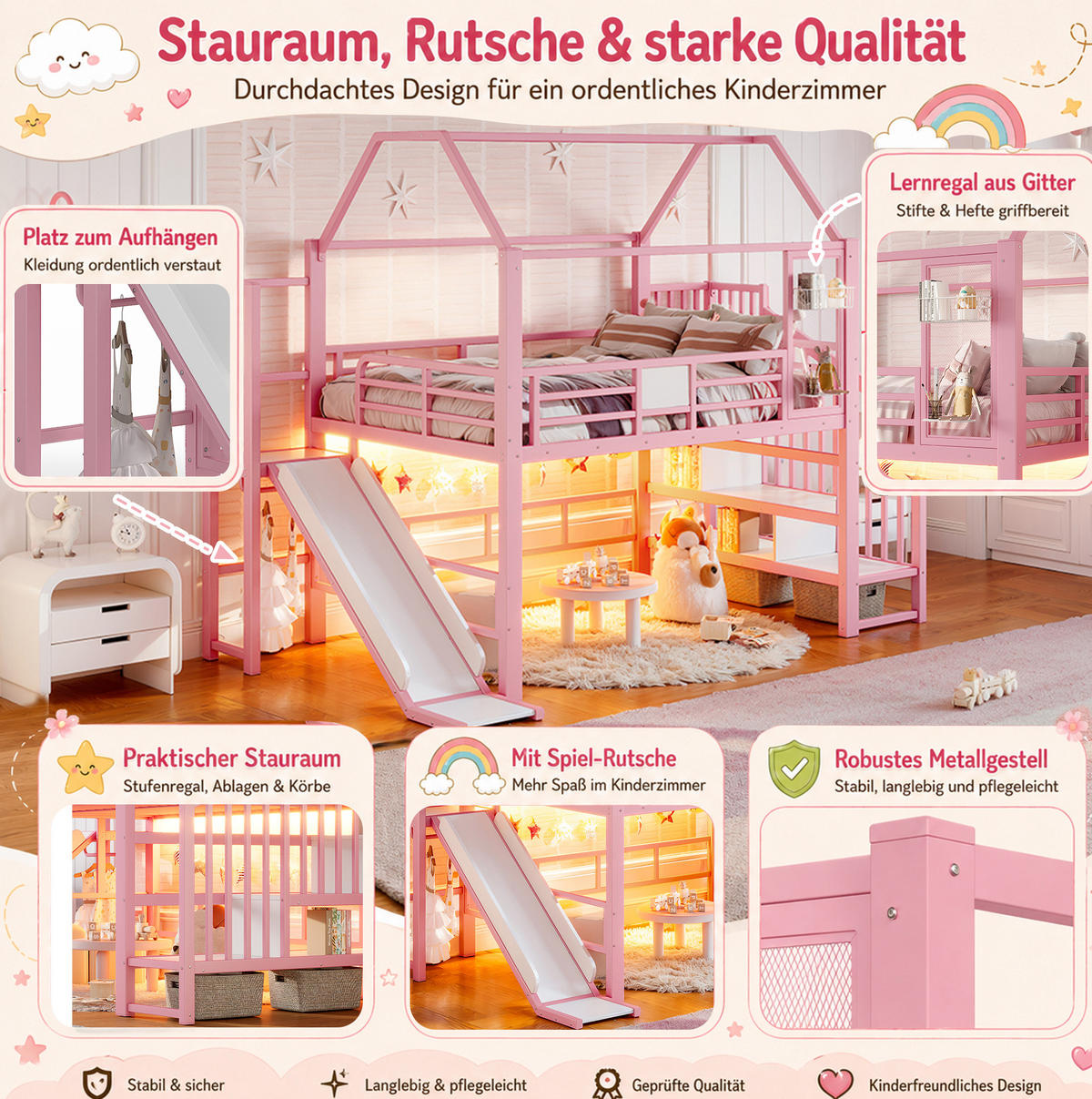 KINDERHOCHBETT MDF & Metall 140x200 cm Pink im Hausdesign mit Rutsche, Treppe mit Ablagen und LED-Beleuchtung - Pink, Holzwerkstoff (140/200cm) - Modfu