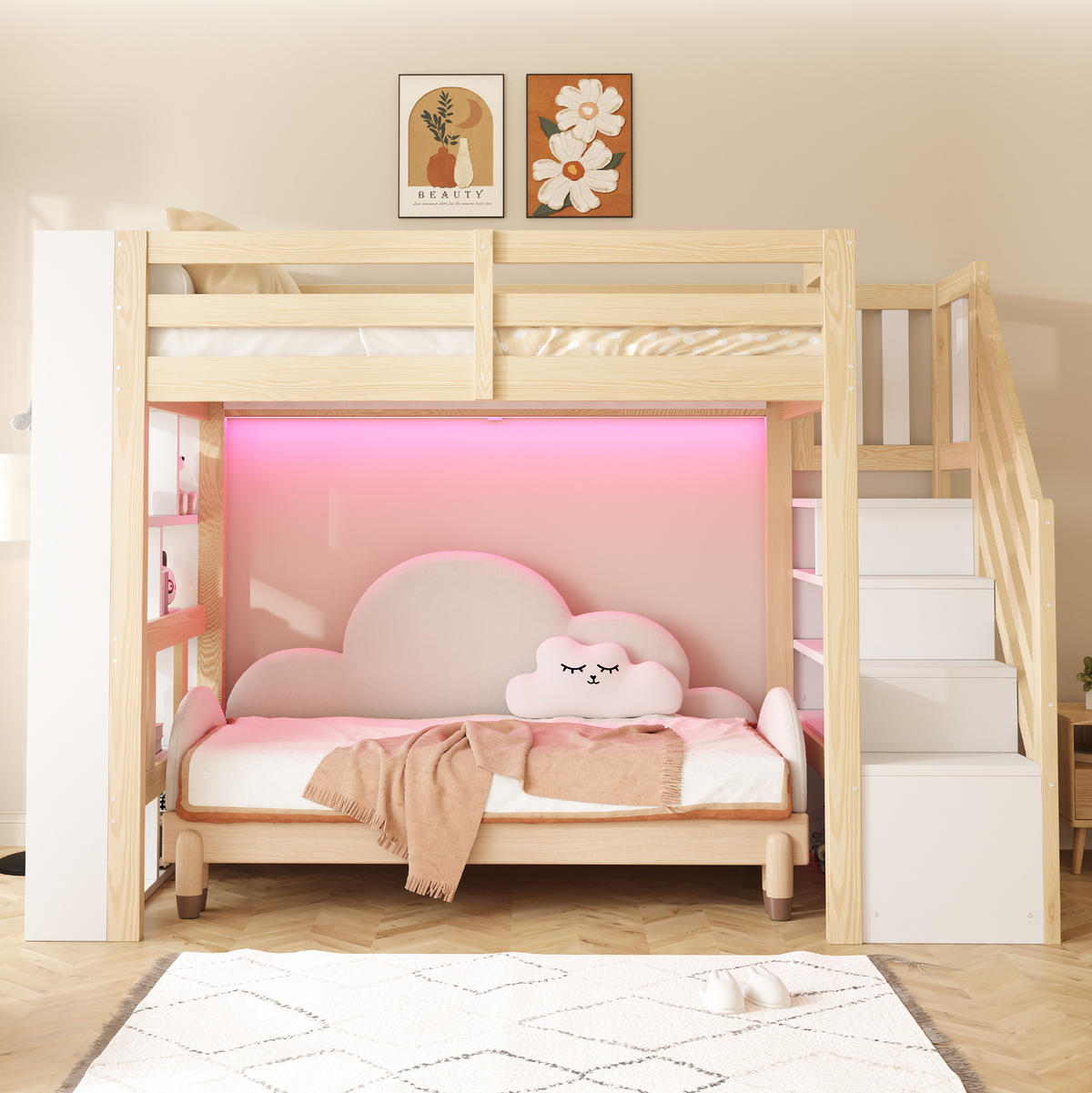 HOCHBETT aus Kiefernholz 90x200 cm Natur/Weiß mit Stauraumtreppe, Regalfächern und LED-Beleuchtung - Weiß, Holz (90/200cm) - Modfu