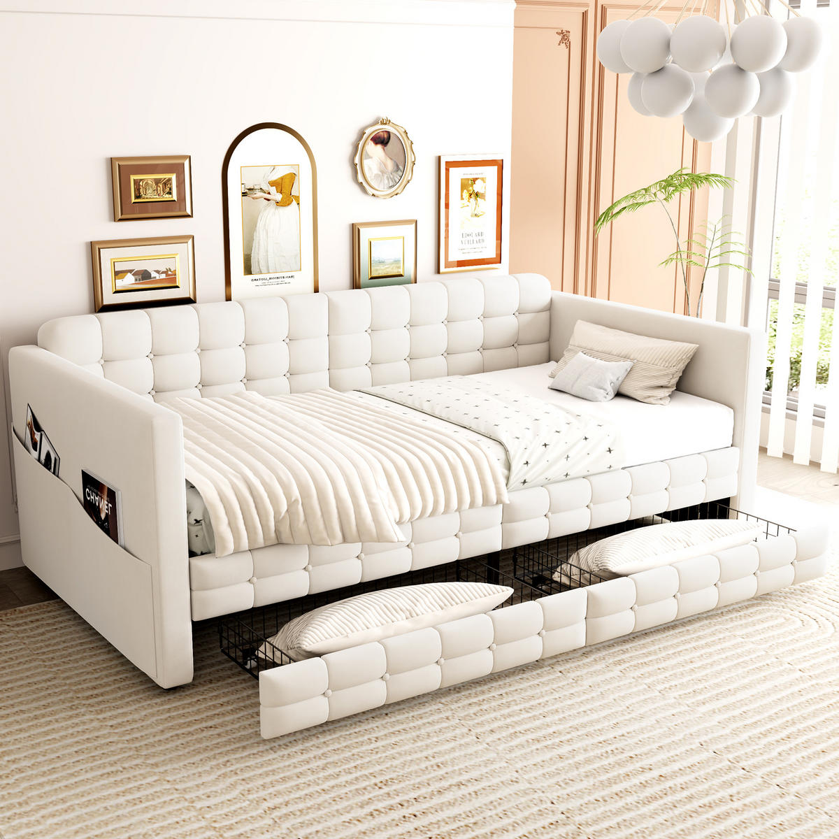 POLSTERBETT 90x190cm Schlafsofa Samt Stauraum Schubladen Beige - Beige, Textil (90/190cm) - FLIEKS