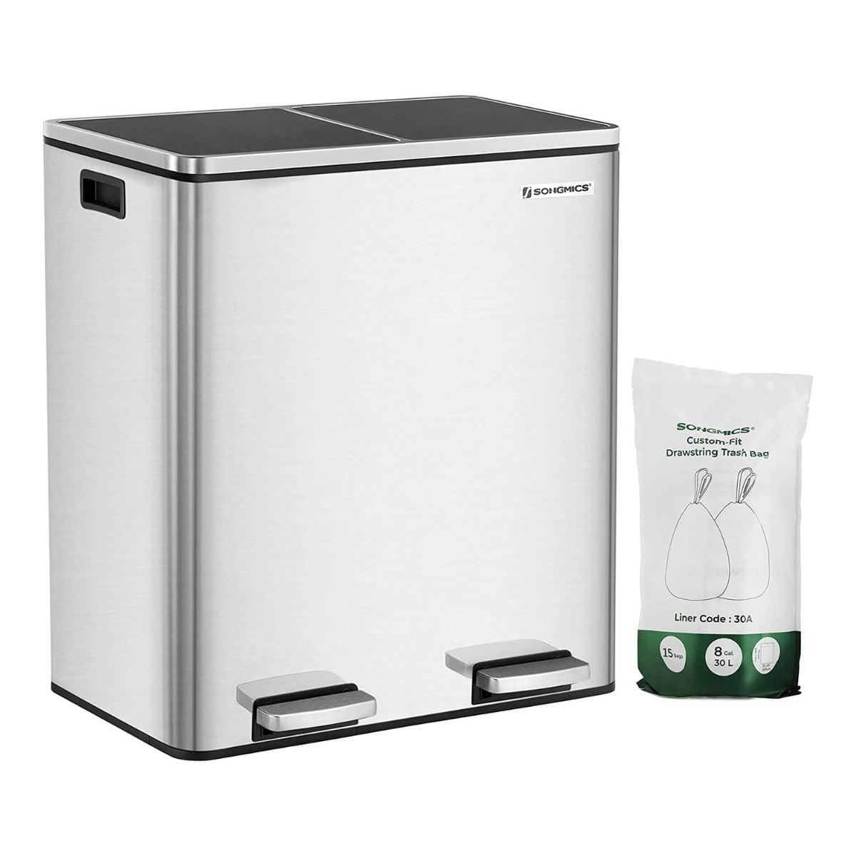 MÜLLEIMER mit 2 Behältern 30L mit Pedal silbergrau - Silberfarben, Kunststoff (32/65/58.6cm) - Calicosy