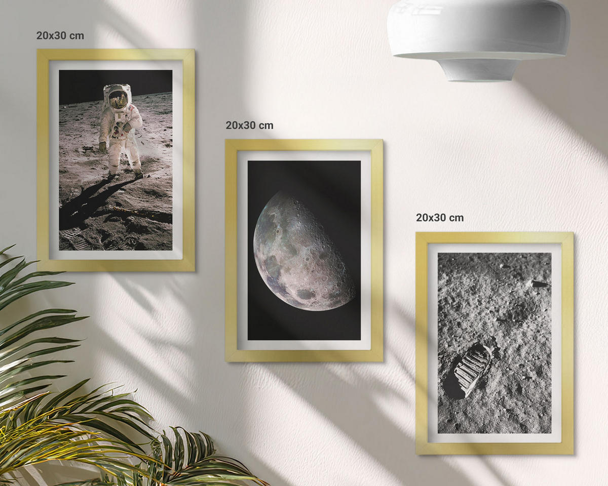 WANDBILDER 3er Set - 20x30 cm Goldrahmen - Astronautenfoto vom Mond - Goldfarben, Kunststoff (20/30cm) - ArtPrintCave