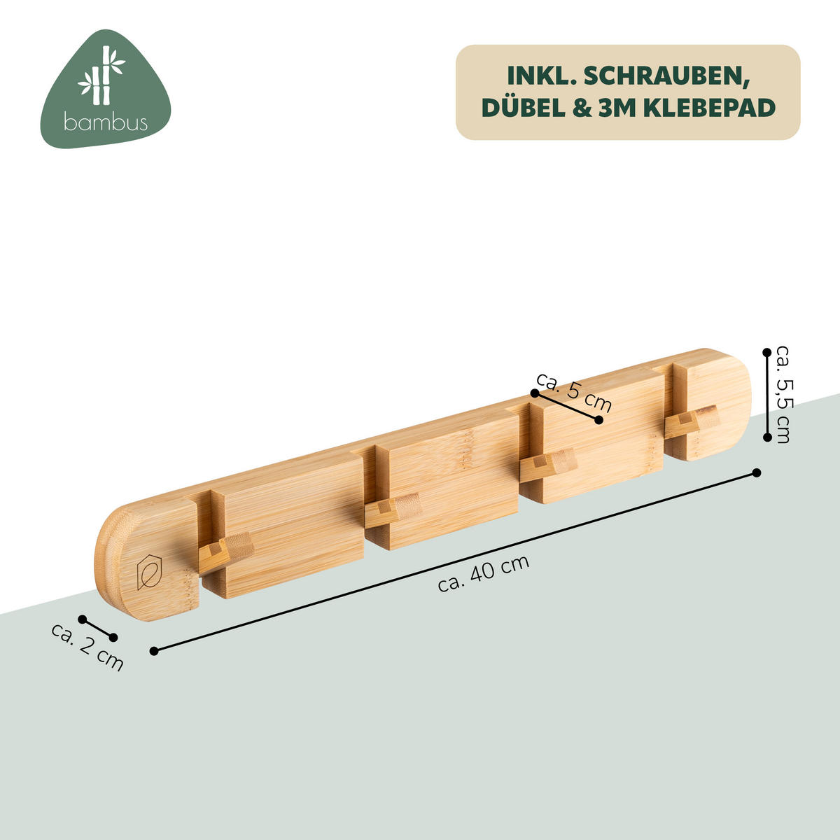 HAKENLEISTE, Bambus - Braun, Holz (40/5.5/5cm) - eluno