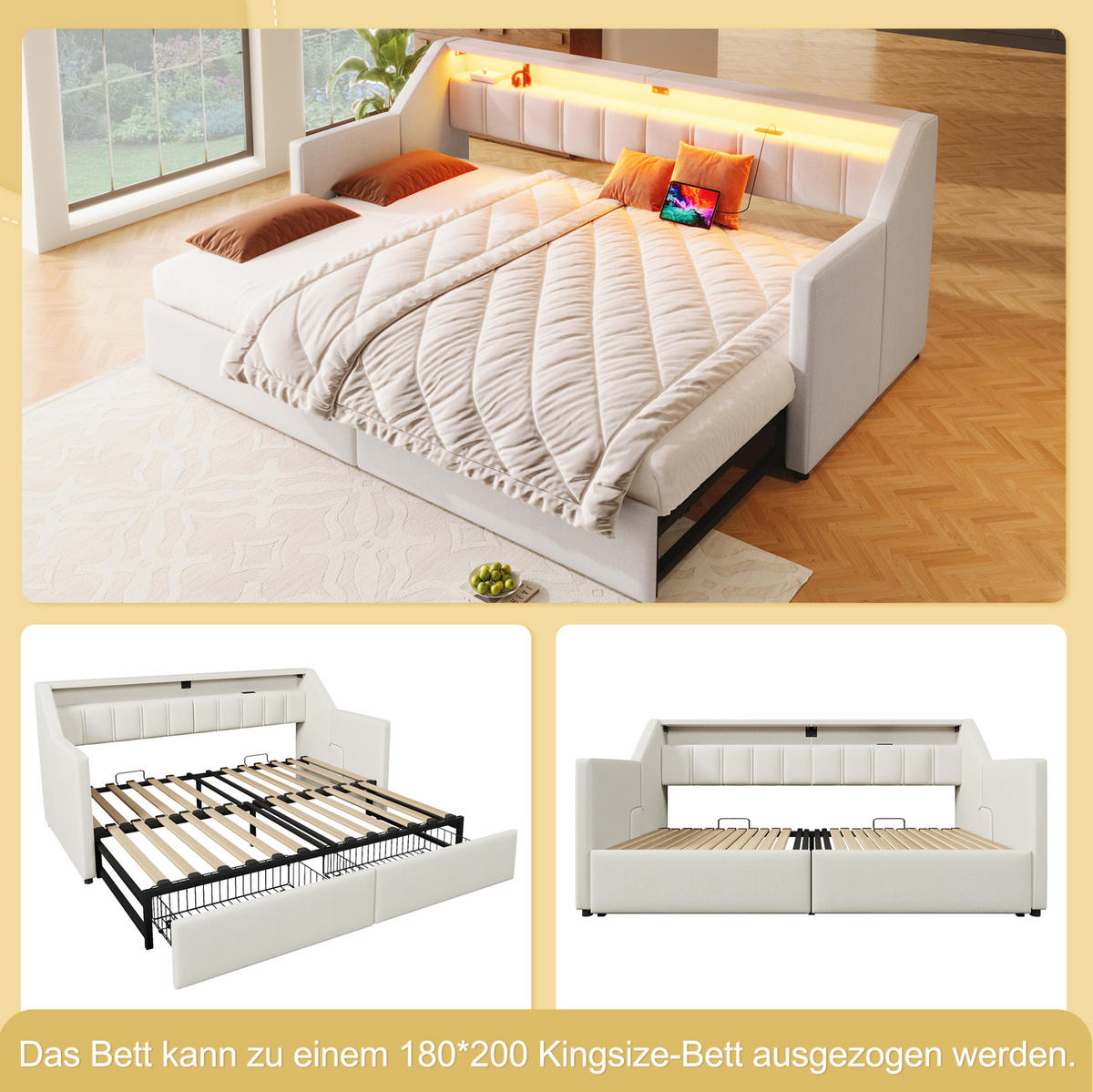 TAGESBETT 90/200 cm mit Ausziehfunktion zu 180/200 cm, USB, Type-C, LED und 2 Schubladen, Beige - Beige, Textil (90/200cm) - Redom