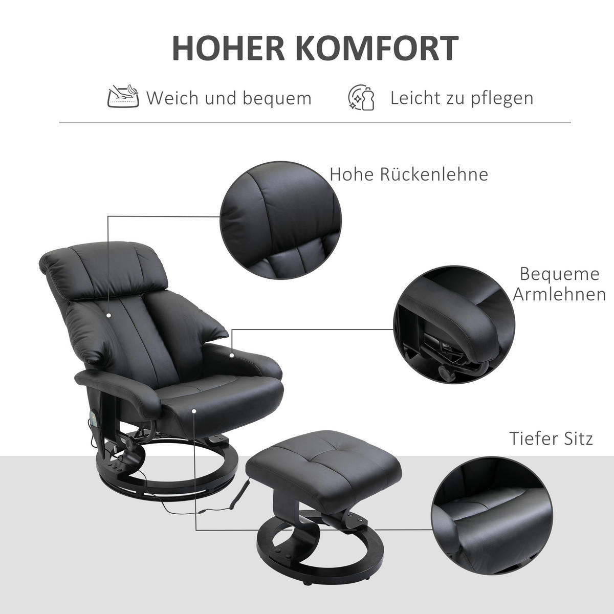 MASSAGESESSEL mit Fußhocker, Relaxsessel, Elektrischer Fernsehsessel, Kunstleder - Schwarz, Leder (80/102/76cm) - HOMCOM