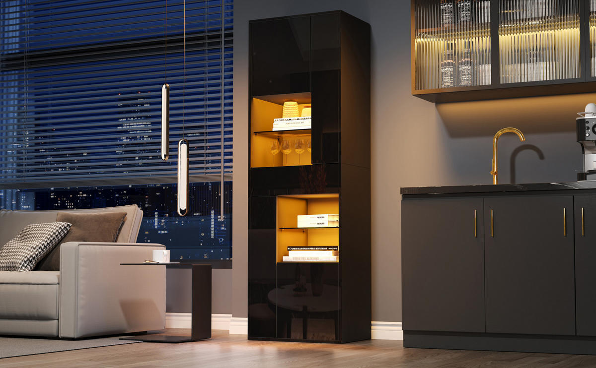 VITRINE 55/38/170 cm in Schwarz mit LED-Beleuchtung und Hochglanzfront - Schwarz, Holzwerkstoff (55/170/38cm) - Flora Grace